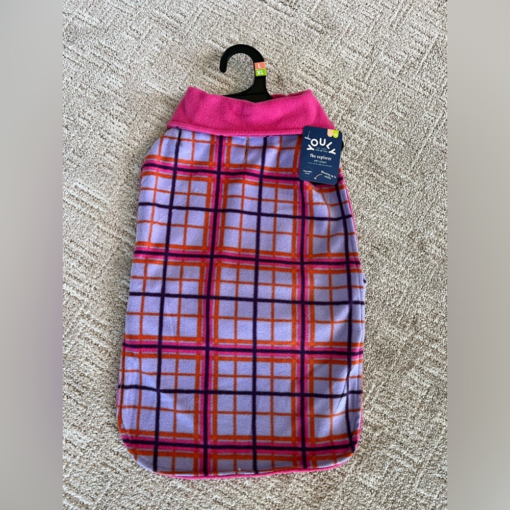 NWT - YOULY -‎ Fleece Plaid Pet Coat - Purple/Pink/Orange - L/XL